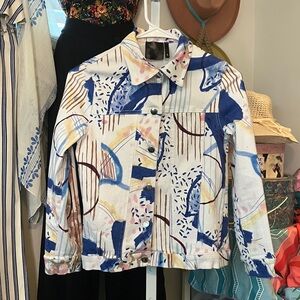 Abstract “Kids Bedroom” Print Cotton Jacket - Blue & White